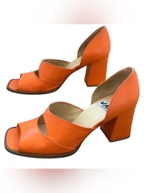 Jazz Made in Spain Orange Open Toe Block Heel Napa Leather Shoes Size 7.5 Retro